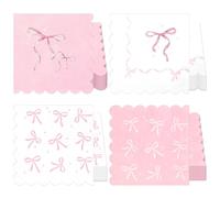 100Pcs Pink Bow Napkins, Bachelorette Party Bow Theme Birthday Party Decorations, 6.5x6.5 inch Scalloped Edge Disposable Hand Towels Dinner Paper Napkins for Baby Shower Girl Bridal Engagement