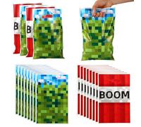 100pcs Pixel Party Favor Bags, Video Game Theme Gift Treat Bags Boom Plastic Candy Snack Bag with Handles Goodie Pouches for Gamers Fans Birthday Party Supplies (Blue, Green, Red)