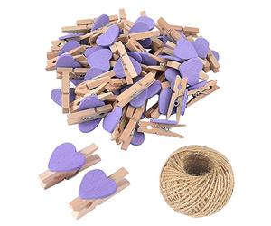 100Pcs Purple Mini Wooden Heart Clothespins, Multicolor Small Clips, 3cm Photo Pins, Tiny Clothes Pins With String for Display, DIY Craft, Wedding & Baby Shower Decor
