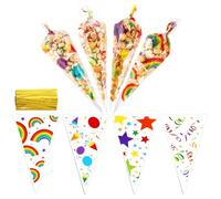 100Pcs Rainbow Star Sweet Cone Bags - Transparent Cellophane with Colorful Twist Ties 25x13cm, 4 Designs for Party Halloween Candy Wrapping, Empty Plastic Clear Cone Bags Snacks Display
