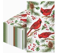 100Pcs Red Cardinal Bird Christmas Napkins, 2-Ply Disposable Hand Towels | Holly Berries Greenery Dinner Paper Napkins Xmas Winter Holiday Party Tableware Supplies
