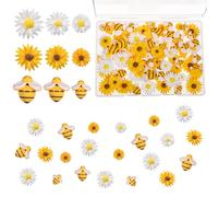 100Pcs Resin Bees Daisy Flowers Decor Bumblebee Embellishment Bees Flatback Bumble Sunflower Bee Charms Decorations with Storage Box for DIY Craft Scrapbooking Wreath Party Home Decorations, 3 Sizes