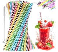 100Pcs Reusable Plastic Straws with Cleaning Brush, 8 Colors Candy-Striped Sturdy Drinking Straw, Dishwasher Safe Food-Safe Rainbow Straws for Family Bars Cafes Restaurants BBQ Parties Celebrations