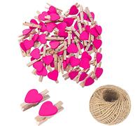 100Pcs Rose Red Mini Wooden Heart Clothespins, Multicolor Small Clothespins with Heart, 3cm Heart Photo Clips, Tiny Clothes Pins with String for Photos Display,DIY Craft,Wedding&Baby Shower Decor