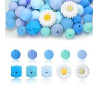 100pcs Silicone Beads, Daisy Flower Beads for Bracelet Making Loose Focal Craft Bead Blue Round Bead for Bracelets DlY Necklace Keychain Jewelry Decoration