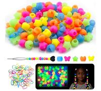 100Pcs Silicone Hair Beads for Kids Glow in the Dark, Mix Shapes Soft Colorful Rubber Pony Beads for Hair Braiding, Bracelet Making, DIY Jewelry Crafts, Keychains with Rubber Band and Quick Beader