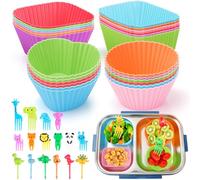 80PCS Silicone Lunch Box Dividers for Kids Lunch Accessories Set, Including 24 Reusable Silicone Cupcake Liners Baking Muffin Cups with 56 Animal Food Picks for Kids, Lunchbox Bento Box Accessories