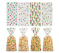 100PCS Spring Floral Cellophane Treat Bags,Wildflower Rose Daisy Tulip Palm Leaf Flower Candy Goodie Gift Bags with Twist Ties for Easter Baby Shower Bridal Shower Wedding Birthday Party Favors