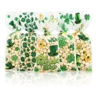 100Pcs St Patricks Day Cellophane Treat Bags with Twist Ties,Green Irish Lucky Shamrock Plastic Gift Candy Bag for Saint Patrick Day Holiday Party Favor Supplies