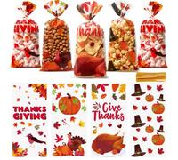 100Pcs Thanksgiving Cellophane Treat Bags - 5 x 11 Inch Fall Autumn Candy Cookie Bags with 110 Ties, Pumpkin Turkey Maple Leaf Goodie Bags for Holiday Gift Wrapping, School Classroom Bakery Supplies