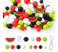 100pcs Watermelon Silicone Beads, Summer Cute Multi Colored Silicone Loose Beads Hexagon Round Spacer Beads with Nylon Rope for DIY Craft Keychain Bracelets Necklace Jewelry Making
