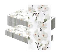 100pcs White Floral Magnolia Guest Napkins 7.9 X 4.3 Inch Folded Floral Napkins Disposable Paper Napkin for Bathroom Decorative Wedding Party
