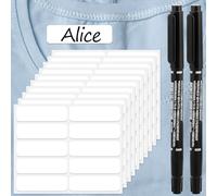 100pcs White No-Iron on Labels for Clothes with 2 Permanent Fabric Markers Writable Self-Adhesive Waterproof Name Labels Suitable for School Uniform, Name Tags, Care Home, Washing Machine Proof, Kid