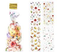 100PCS Wildflower Party Treat Bags, Floral Candy Plastic Clear Bags Clear Gift Bag Favor Decorations 4 Design with 100Ties, Floral Candy Bag for Birthday Baby Shower Tea Bridal Shower Birthday Wedding