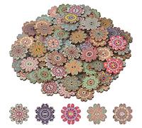 100PCS Wood Buttons, Flower Painting 2 Holes Decorative Vintage Wood Wooden Buttons for Sewing Crafting for Sewing Craft Decorative 20mm Mixed Random