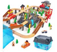 100Pcs Wooden Train Set for 3 Year Old Boys, Double-Side Train Set Tracks with Bridge Train Station & Storage Box, Fits Brio, Thomas, Melissa and Doug, Kids Gift Toys for Boy 3-7
