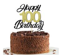 100th Birthday Cake Toppers,Black&Gold Glitter Cake Decorations,Happy 100th Cake Toppers for Men Women Birthday Themed Party,1PC