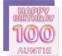 100th Birthday Card for Auntie - Pink & Purple Glitter Balloons - Happy Birthday Cards for 100 Year Old Aunt Aunty from Nephew Niece, 145mm Bday Greeting Cards Gift