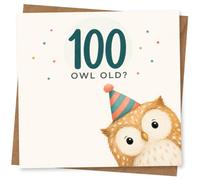 100th Birthday Card for Her, 100 Owl Old? Party Hat Owl | Features “100 OWL OLD?” with a big teal 100, confetti dots and a cute owl in a striped party hat for her 100th.