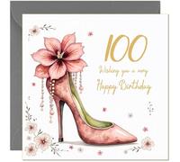 100th Birthday Card For Her Female Pink & Gold Floral Heels Design - Beautiful Birthday Card for 100 Year old hundredth hundred