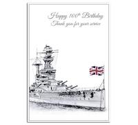 100th Birthday Card for him - Exclusive handrawn Fine Art drawing Royal Navy Battleship Design - WW2 - Stunning Keepsake greeting - Special wishes 100 year old man - Blank inside to write own message