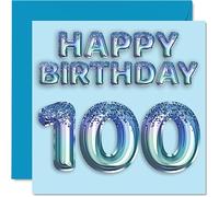 100th Birthday Card for Men - Blue Glitter Party Balloon - Happy Birthday Cards for 100 Year Old Man Great Grandpa Grandad Dad Gran, 145mm Hundredth Greeting Cards Gift