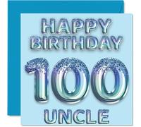 100th Birthday Card for Uncle - Blue Glitter Party Balloons - Happy Birthday Cards for 100 Year Old Uncle from Nephew Niece, 145mm Bday Greeting Cards Gift
