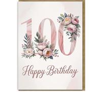 100th Birthday Card for Women - Floral Pink Peony Design, Large A5 Size with Kraft Envelope, Elegant Happy 100 Birthday Greeting Card