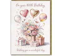 100th Birthday Card for Women - Large A5 Size - Elegant Floral Balloons & Gifts Design - With Kraft Envelope - Milestone 100 Years Greeting - Wishing You a Wonderful Day