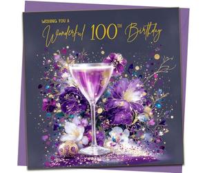 100th Birthday Card - Luxury Purple Floral Cocktail Elegant Birthday Card - With Purple Envelope