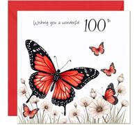 100th Birthday Card Red Butterfly & White Flower Design - With Red Envelope - Cute Birthday Card for 100 Year old hundredth hundred