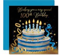 100th Birthday Cards for Men Women - Gold & Silver Cake - Happy Birthday Card for 100 Year Old Man Woman Wife Husband Auntie Uncle, 145mm Bday Greeting Cards