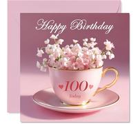 100th Birthday Cards for Women - Cup of Flowers - Happy Birthday Card for 100 Year Old Woman Grandma Auntie Gran Wife, 145mm Bday Greeting Cards