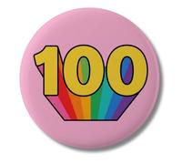 100th Birthday Celebration Badge - Fun Pink & Yellow 100 Button Pin with Rainbow - Milestone Centenary Accessory for Parties & Lanyards