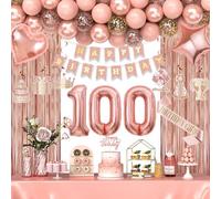 100th Birthday Decorations for Women Girls, Happy 100 Birthday Decorations for Her, Rose Gold Birthday Party Supplies with Banner, Number Balloons, Fringe Curtains, Hanging Swirls