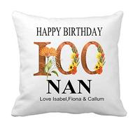 100th Birthday Gift for Nan, Nanny, Nana Personalised Cushion ,Pillow for Nan with Kids Names, Autumn Floral Design