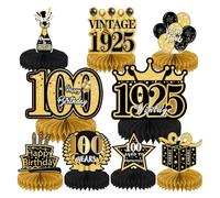 100th Birthday Table Decorations Set of 9 - Black & Gold Party Decor for Centennial Celebration - Honeycomb Paper Table Centerpieces with 100 Years Sign Anniversary Party Supplies