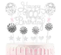 100th Cake Decorations Happy Birthday Cake Picks Heart Star Paper-fans Balloon Decor Cupcake Topper for 100th Decorations Party Supplies, Silver