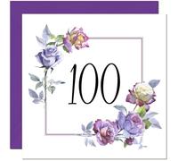 100th Floral Birthday Card - Purple Beautiful Flowers Elegant Birthday Card for 100 Year old hundredth hundred