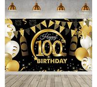 100th Happy Birthday Backdrop Banner, 100th Birthday Party Decoration Background, Black Gold Birthday Banners Supplies for Indoor Outdoor Photo Booth Props Children Men Women Celebration(70” x 43”)