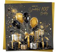 100th Happy Birthday Card | Stylish Gold & Black Gift & Balloons | Complete with Metallic Gold Envelope