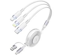 100W 5-in-1 Retractable Charging Cable, Lightn-ing/Micro USB/Type C Multi Charger Cord for iPhones, iPads, MacBook, Tablets, Galaxy, Note & More - 4Ft/1.2M 5A Fast Charging, Durable & Portable, White