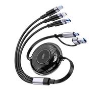 100W 5-in-1 Retractable Charging Cable, Lightn-ing/Micro USB/Type C Multi Charger Cord for iPhones, iPads, MacBook, Tablets, Galaxy, Note & More - 4Ft/1.2M 5A Fast Charging, Durable & Portable, Black