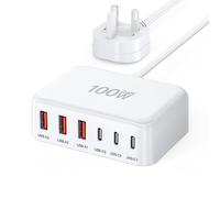 100W GaN 6 Port USB C Charging Station - Portable Travel Multi Desktop Charger With 3 USB C and 3 USB A Fast Charging for iPad iPhone 16 15 14 13 12 Pro Max Pixel Note Galaxy - White