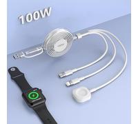100W Multi Charging Cable for Apple Watch, iPhone 15 Retractable Cable With Type C 100W+IP 27W+iWatch Charger for iPhone/Apple Watch Series/Samsung/Pad 4FT