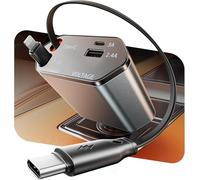 100W+ Retractable Car Charger 4 in 1 Fast Car Charger with Retractable Lightnning cable MFi + USB C cable and US.B/USB-C Ports With Voltage Display Compatible for iPhone, Samsung Galaxy