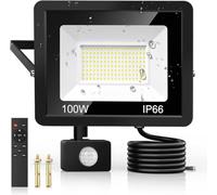 100W Security Lights Outdoor Motion Sensor, PIR Flood Light with Remote Control, IP66 Waterproof, 144 LEDs, Cool White, 6500K, 9000LM, Outdoor Light Mains Powered for Garden Corridor Entrance Backyard