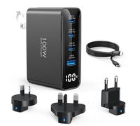 100W USB C International Travel Adapter, 4-Ports Foldable Travel Charger Converter with UK/EU/AU Plugs,Fast Charging for Macbook Pro/Air,for iPad Pro/iPhone 17/16/15 Pro Max, for Galaxy S25 S24, Black