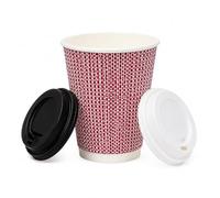 100x Pink Ripple Wall Coffee Cups 8oz with Assorted Lids - Triple Wall Insulated Disposable Hot Drink Cups, Kraft Paper Takeaway Cups for Tea, Coffee & Hot Chocolate, Recyclable Catering Cafe Cups