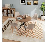 100x100cm Round Wooden Dining Table Set with 4 High-Back Chairs in Dark Brown & Khaki - Perfect for Home & Kitchen Decor Modern Design Space-Saving Furniture
